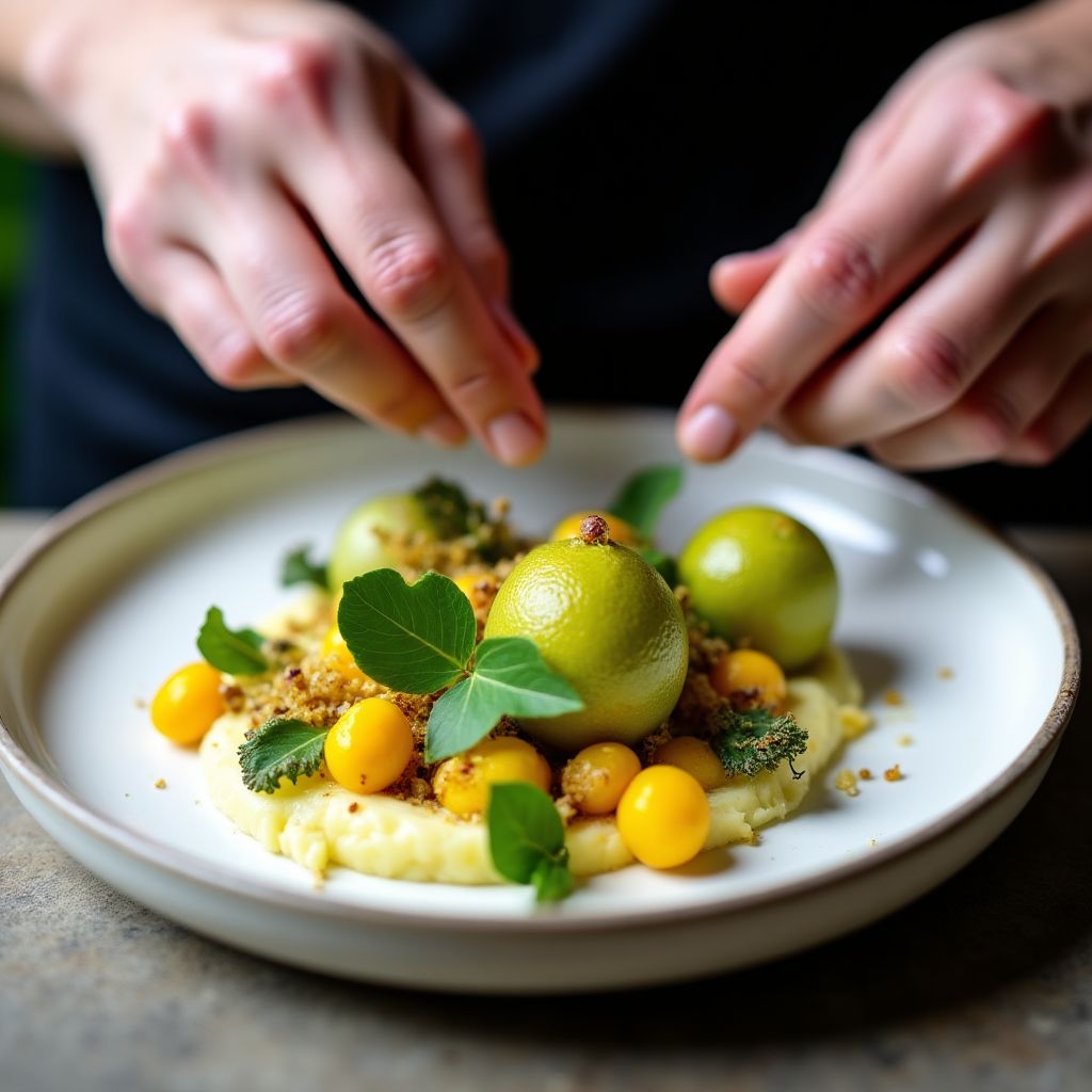 A chef carefully placing native Australian ingredients on a plate