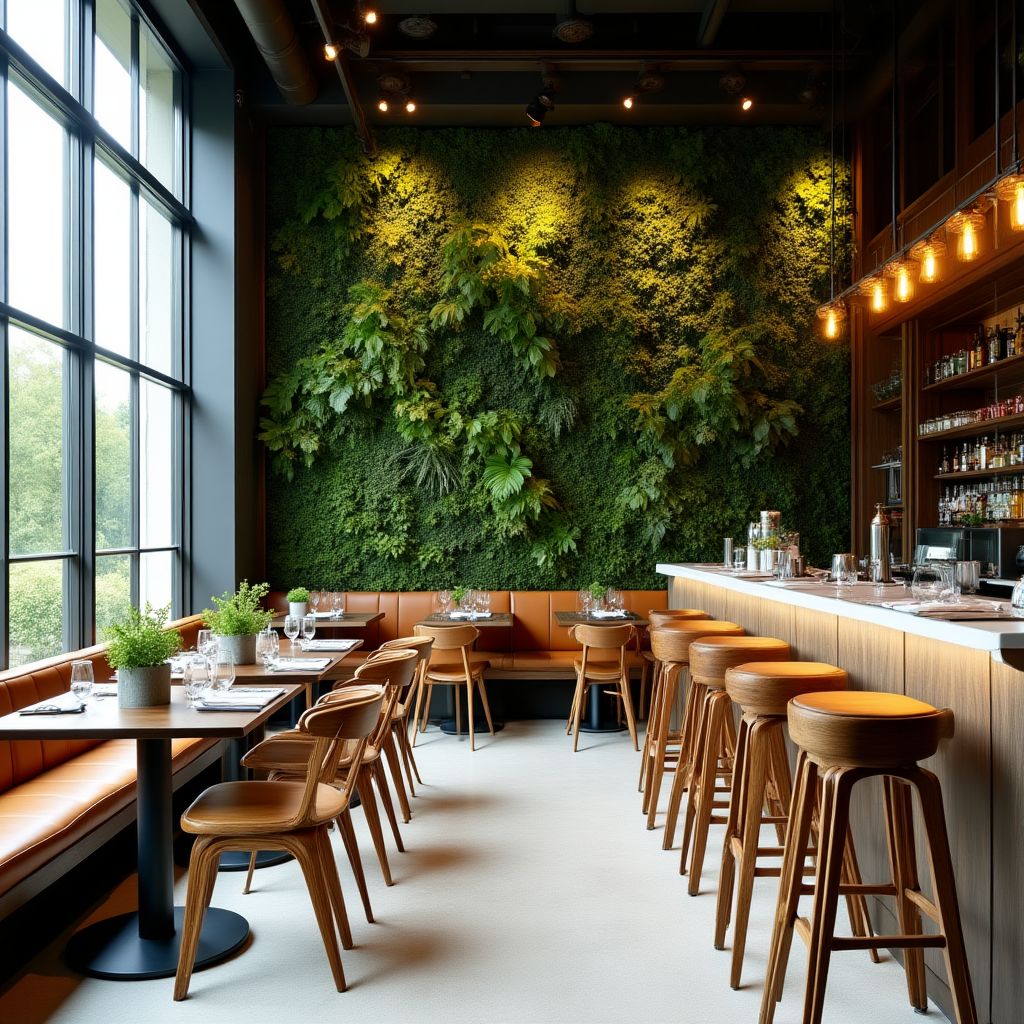 A modern restaurant interior with lots of green plants and recycled materials