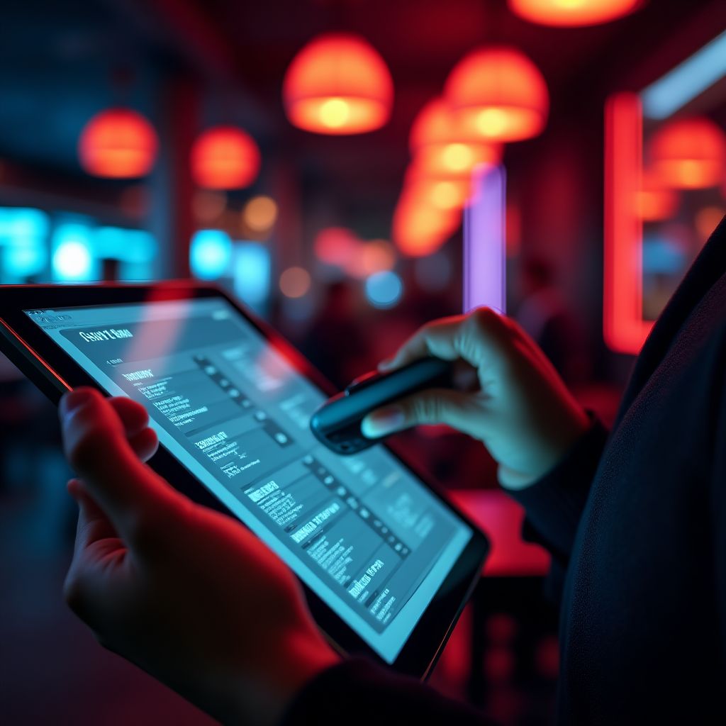 A tablet showing an interactive menu in a futuristic restaurant setting